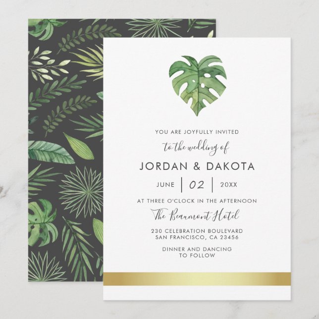 Tropical Watercolor Foliage | Modern Gold Wedding Invitation (Front/Back)