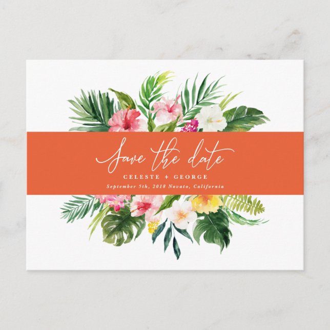 Tropical watercolor foliage script save the date announcement postcard (Front)