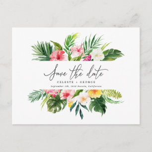 Tropical watercolor foliage script save the date announcement postcard