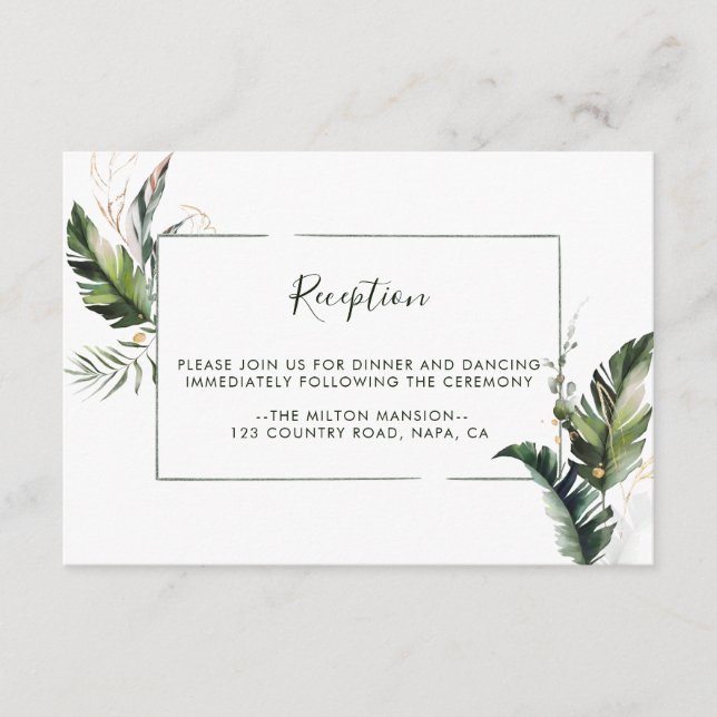 Tropical Watercolor Foliage Wedding Reception Enclosure Card (Front)