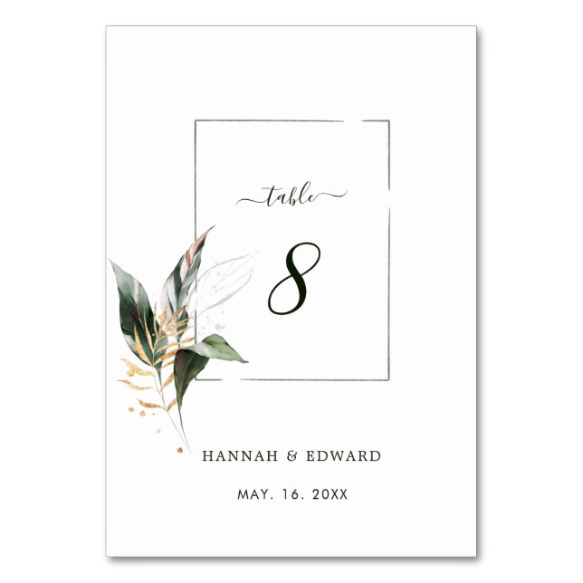 Tropical Watercolor Foliage Wedding Table Number (Front)