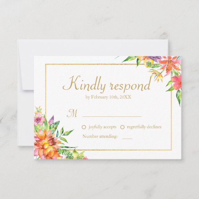 Tropical Watercolor Gold  Frame Wedding RSVP (Front)