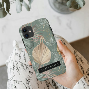 Tropical Watercolor Gold & Green Leaves Pattern
