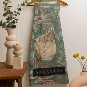 Tropical Watercolor Gold & Green Leaves Pattern Apron