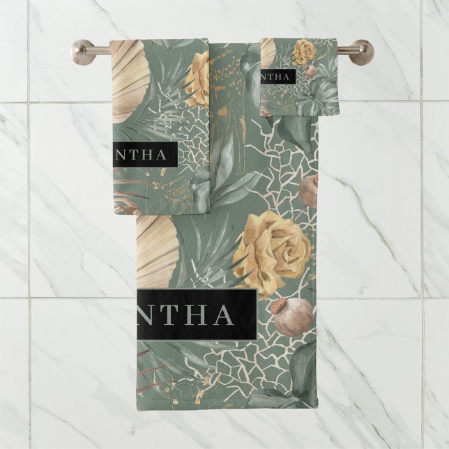 Tropical Watercolor Gold & Green Leaves Pattern  Bath Towel Set (Creator Uploaded)