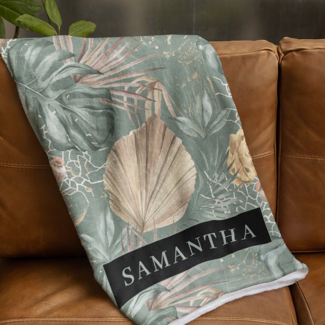 Tropical Watercolor Gold & Green Leaves Pattern  Fleece Blanket (Creator Uploaded)