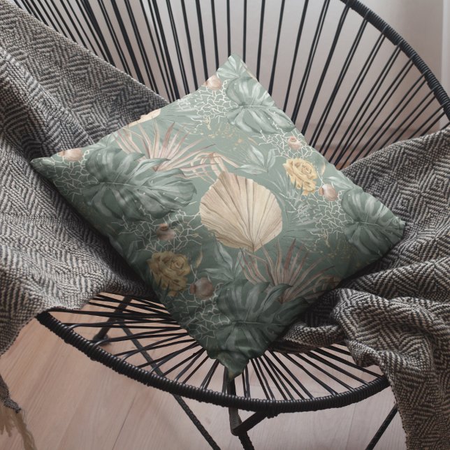 Tropical Watercolor Gold & Green Leaves Pattern  Outdoor Pillow (Creator Uploaded)