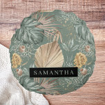 Tropical Watercolor Gold & Green Leaves Pattern  Round Pillow<br><div class="desc">Tropical Watercolor Gold & Green Leaves Pattern</div>
