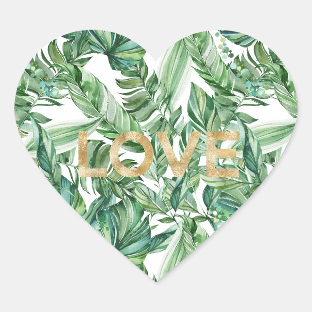 Tropical Watercolor Green Leaves Gold Love Heart Sticker (Front)