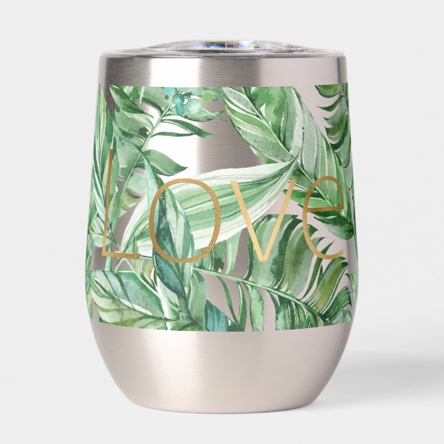 Tropical Watercolor Green Leaves Gold Love (thin) (Front)