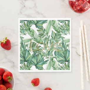 Tropical Watercolor Green Leaves Gold Love (thin) Napkin