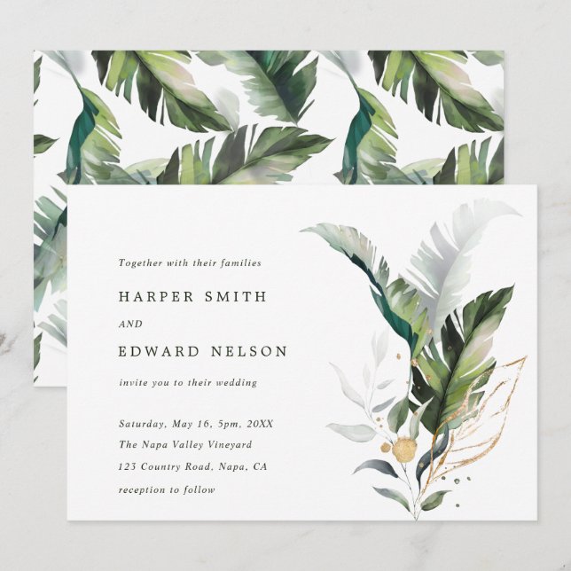 Tropical Watercolor Green Leaves Wedding Invitation (Front/Back)