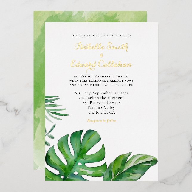 Tropical Watercolor Green Monstera Leaves Wedding (Front/Back)