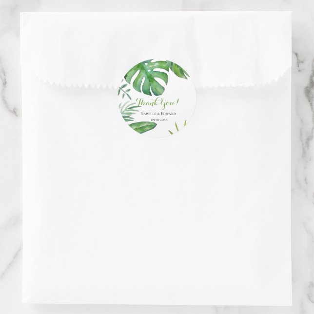 Tropical Watercolor Green Monstera Leaves Wedding Classic Round Sticker (Bag)