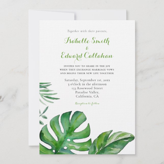 Tropical Watercolor Green Monstera Leaves Wedding Invitation (Front)