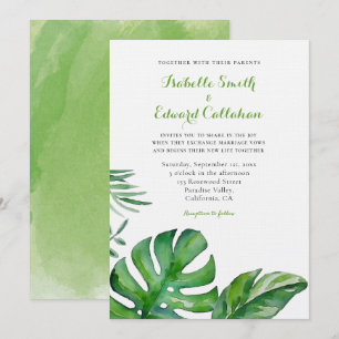 Tropical Watercolor Green Monstera Leaves Wedding  Invitation