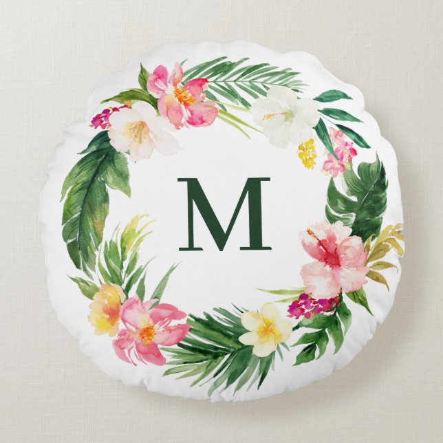 Tropical Watercolor Greenery Wreath Monogram Round Pillow (Front)