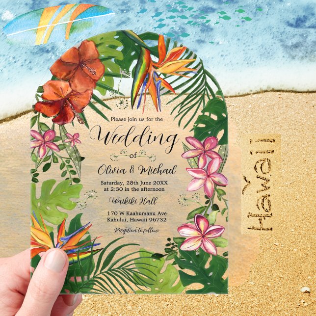 Tropical Watercolor Hawaiian Floral Wedding Acrylic Invitations (Tropical Watercolor Hawaiian Floral Wedding Acrylic Invitations)