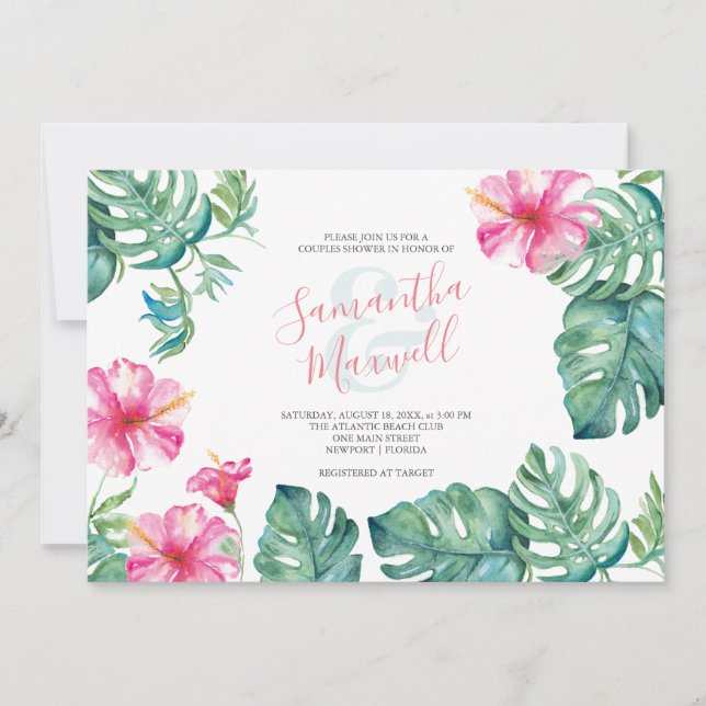 Tropical Watercolor Hibiscus Flower Bridal Shower (Front)