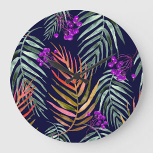 Tropical watercolor leaves, abstract splash. large clock