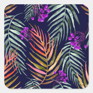 Tropical watercolor leaves, abstract splash. square sticker
