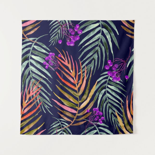 Tropical watercolor leaves, abstract splash. tapestry (Front)