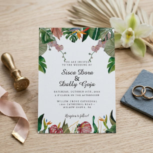 Tropical Watercolor Leaves Botanical Wedding Invitation