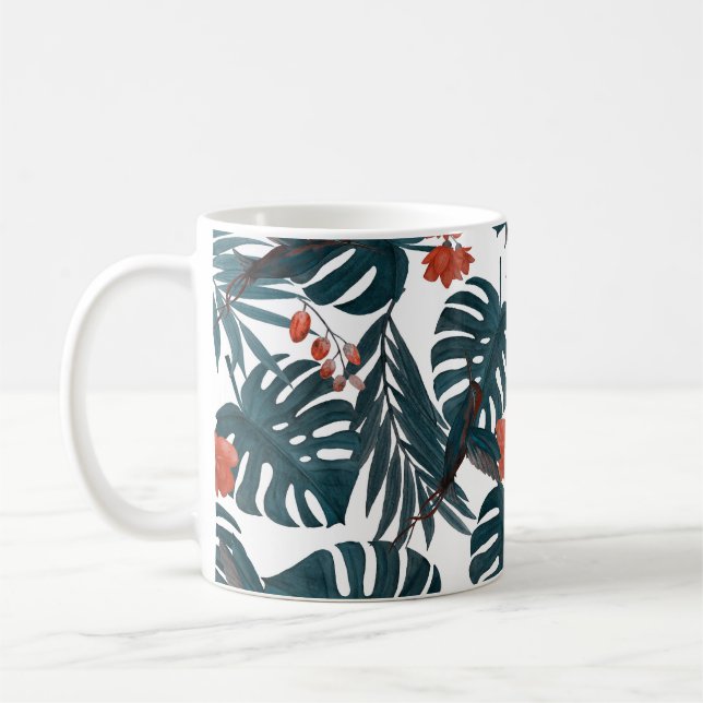 Tropical watercolor, leaves, flowers, hummingbirds coffee mug (Left)