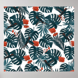 Tropical watercolor, leaves, flowers, hummingbirds poster