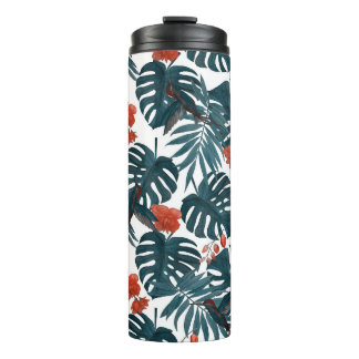 Tropical watercolor, leaves, flowers, hummingbirds thermal tumbler