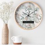 Tropical Watercolor Leaves & Flowers Pattern Round Clock<br><div class="desc">Tropical Watercolor Leaves & Flowers Pattern</div>