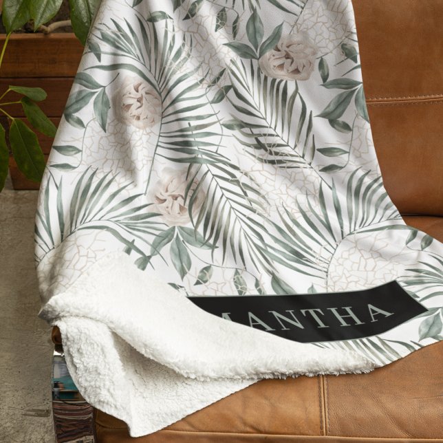 Tropical Watercolor Leaves & Flowers Pattern Sherpa Blanket (Creator Uploaded)