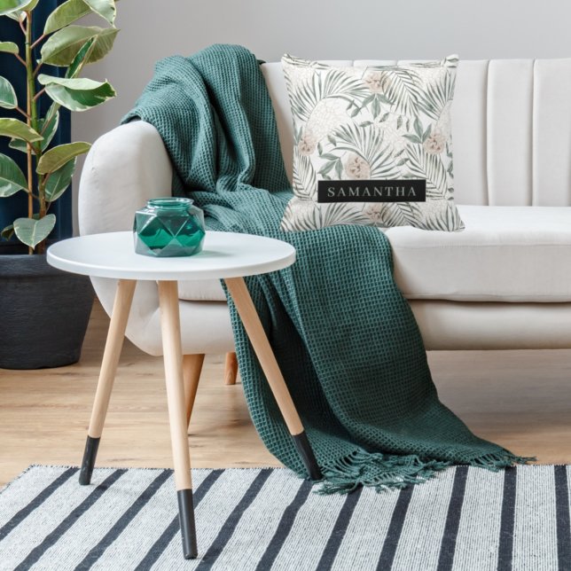 Tropical Watercolor Leaves & Flowers Pattern Throw Pillow (Creator Uploaded)