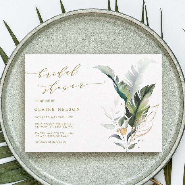 Tropical Watercolor Leaves Gold Bridal Shower Invitation (Creator Uploaded)