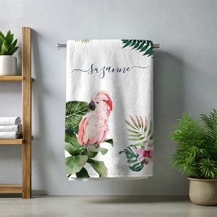 Tropical Watercolor Leaves Script name Monogram Beach Towel