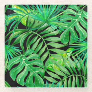 Tropical Watercolor Leaves: Seamless Elegance. Glass Coaster