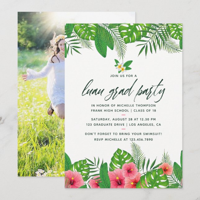 Tropical Watercolor Luau Graduation Party Photo Invitation (Front/Back)