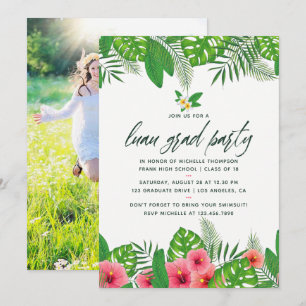 Tropical Watercolor Luau Graduation Party Photo Invitation