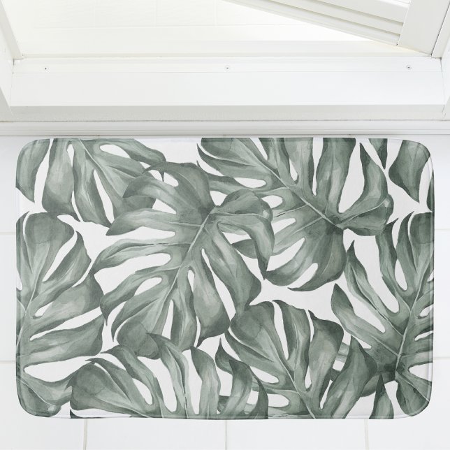 Tropical Watercolor Modern Oasis Leaves Pattern Bath Mat (Creator Uploaded)