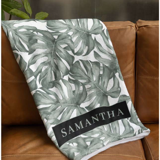 Tropical Watercolor Modern Oasis Leaves Pattern Fleece Blanket (Creator Uploaded)