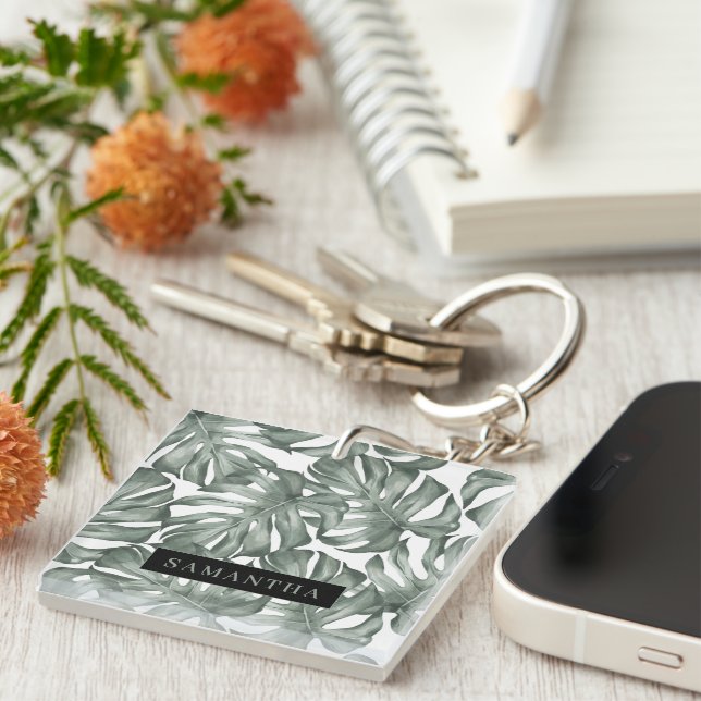 Tropical Watercolor Modern Oasis Leaves Pattern Keychain (Front Right)