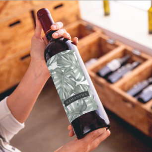 Tropical Watercolor Modern Oasis Leaves Pattern Wine Label