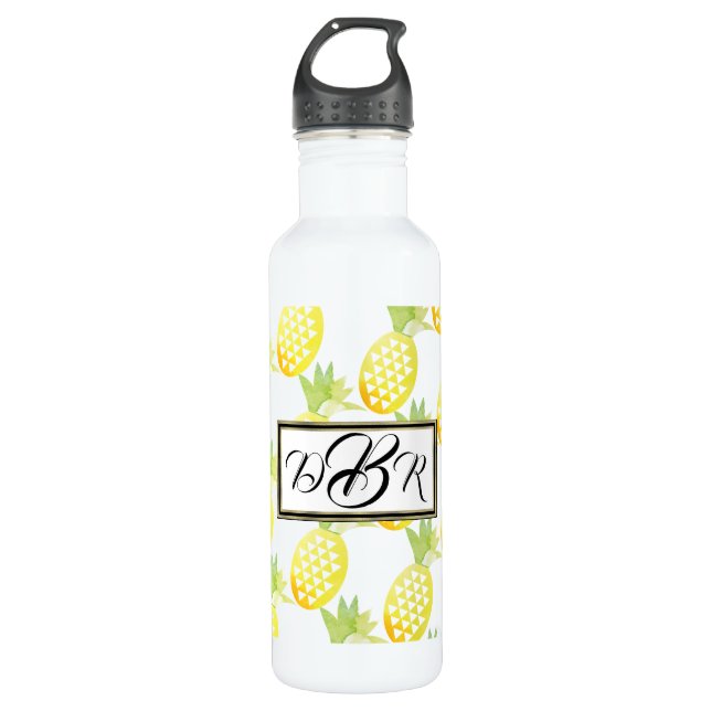 Tropical Watercolor Monogram Pineapples 710 Ml Water Bottle (Front)