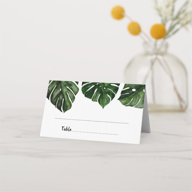 Tropical Watercolor Monstera Leaf Greenery Wedding Place Card (Front)