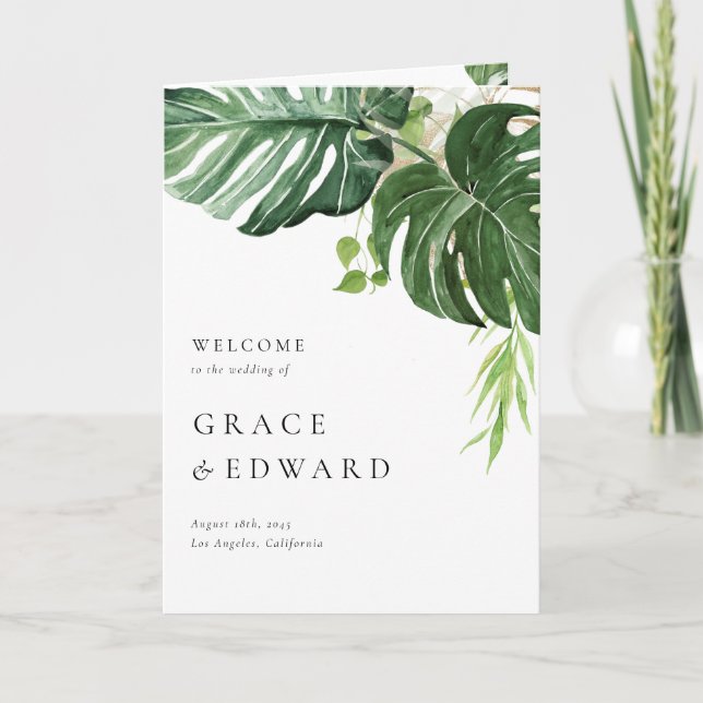 Tropical Watercolor Monstera Leaf Summer Wedding Program (Front)