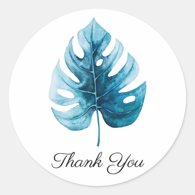 Tropical Watercolor Monstera Leaf Thank You Classic Round Sticker (Front)