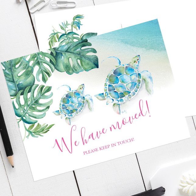 Tropical Watercolor Moving Announcements Postcard (New address moving announcement cards watercolor sea turtle and palm leaf by Victoria Grigaliunas)