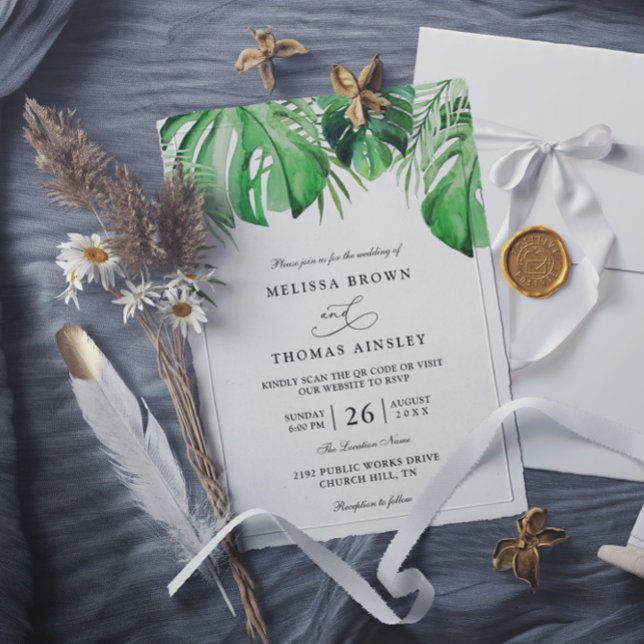 Tropical Watercolor Palm Leaf Chic QR Code Wedding Invitation (Creator Uploaded)