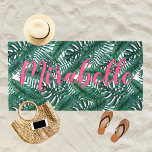 Tropical Watercolor Palm Leaves Custom Pink Name Beach Towel<br><div class="desc">Stylish personalized tropical beach towel design features your first name in girly and modern bright pink script writing with a trendy background pattern of rich jungle green palm and monstera leaves with a watercolor painted look. The fresh white background colour can be modified via Personalize / Customize Further. Perfect for...</div>