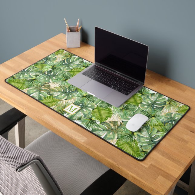 Tropical Watercolor Palm Leaves Monogram Desk Mat (Office 2)
